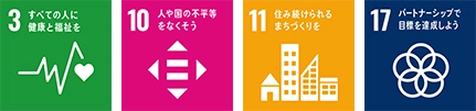 3.すべての人に健康と福祉を 10.人や国の不平等をなくそう 11.住み続けられるまちづくりを 17.パートナーシップで目標を達成しよう